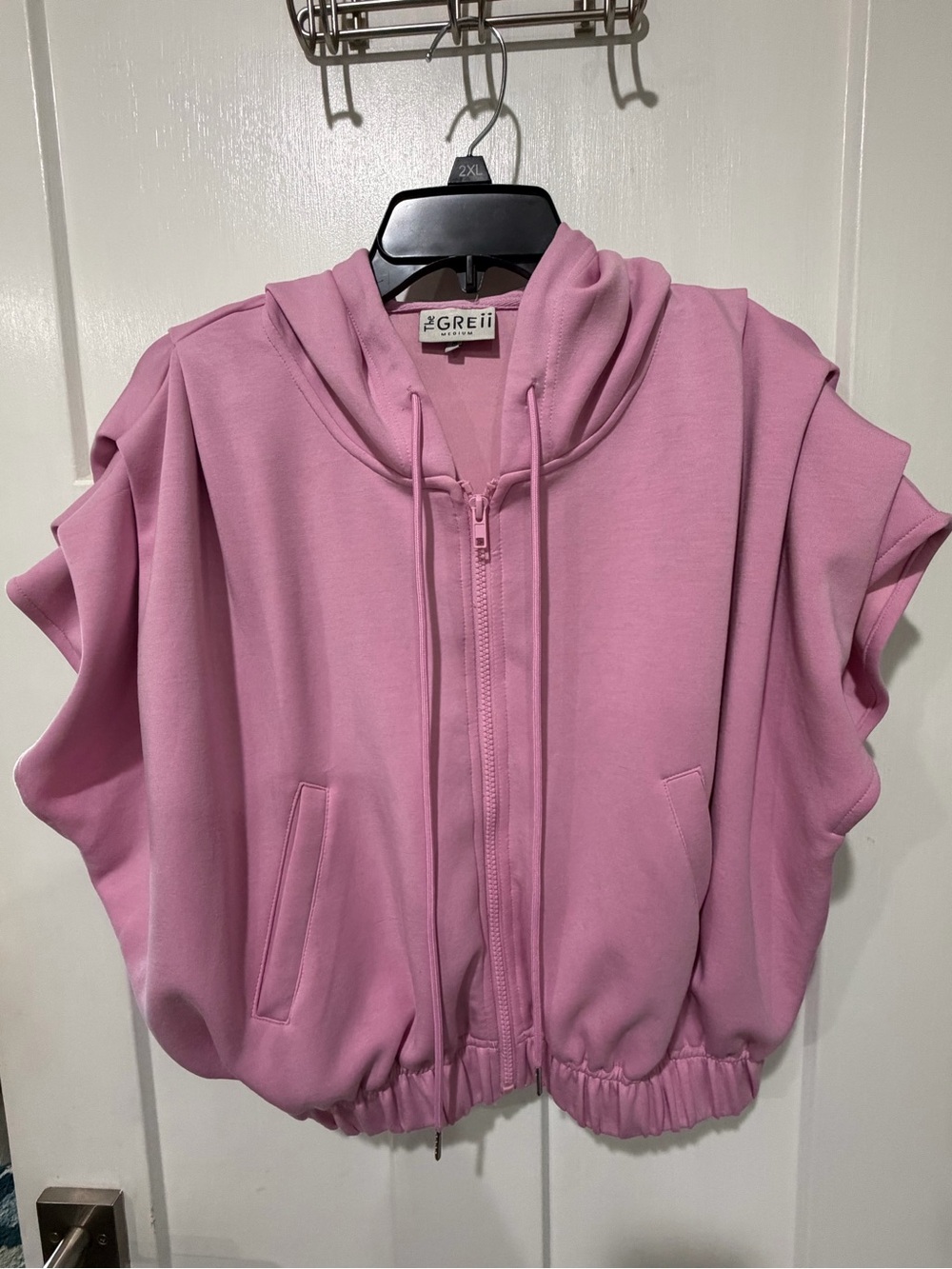Ladies Pink Hooded Zip Jacket with Pleated Shoulder Short Sleeves (M)